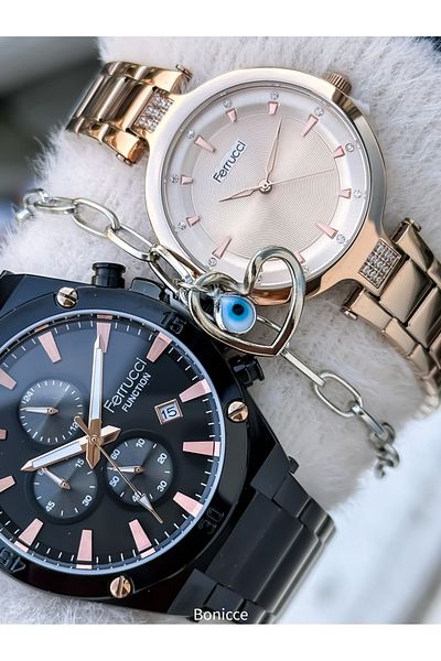 Ferrucci Brand Steel Cord,Black Rose Color, Lover Couple Wristwatches Rosary Bracelet