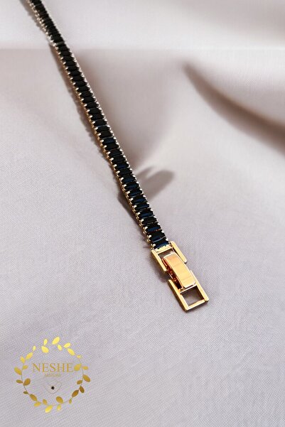 shesra Siyah Taşlı Su Yolu Rose Gold Renk Kaplama Çelik Bileklik