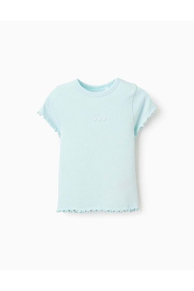 Ziddy Ribbed T-shirt with Flower Embroidery for Girls, Light Blue