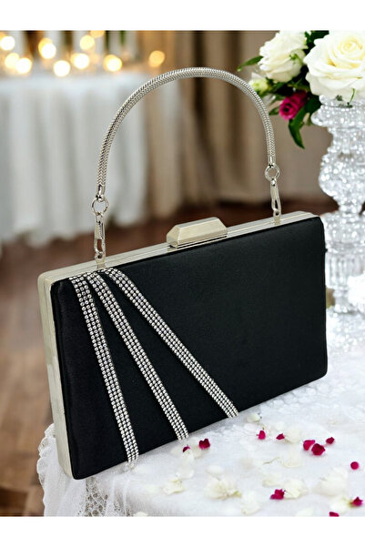 MidStore Stylish and Eye-Catching Black Satin Evening Bag with Silver Stones