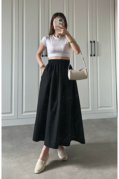 Safgiyim44 ملابس نسائية تنورة بوبلين بجيبين مطاطيين عند الخصر باللون الأسود