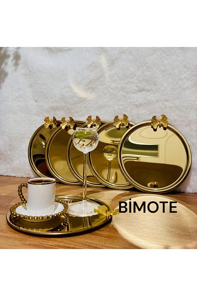 BİMOTE Set of 6 Stainless Steel 21.cm Round Tea, Coffee, Pastry Serving Tray Decorative Presentation Tray