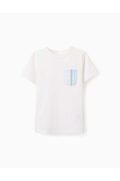 Ziddy Cotton T-shirt with Striped Pocket for Boys, White