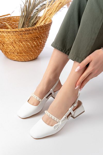 bashrol Open Back Square Toe Short Heel Pearl White Skin Daily Comfortable Ballerina Women's Heeled Shoes