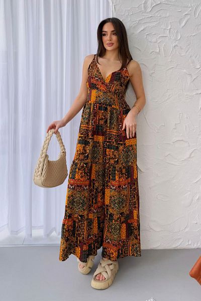 AYASOFYA OTANTIK Women's Mustard Ethnic Patterned Long Dress with Straps
