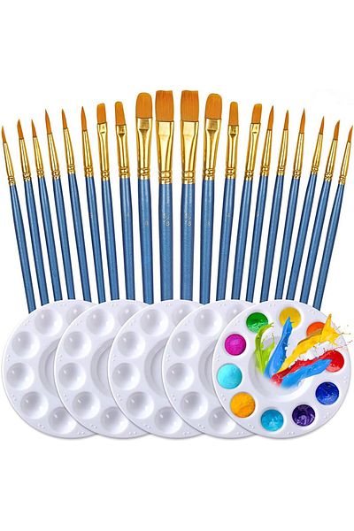 COOYA Painting Brush Palette Set, 20pcs Nylon Hair Brushes with 5 Paint Trays for Acrylic and more