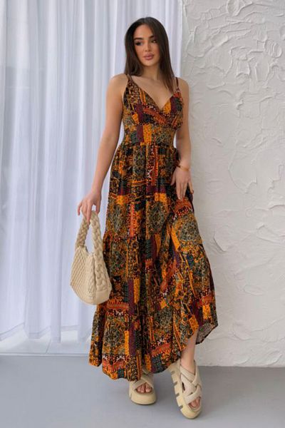 AYASOFYA OTANTIK Women's Mustard Ethnic Patterned Long Dress with Straps