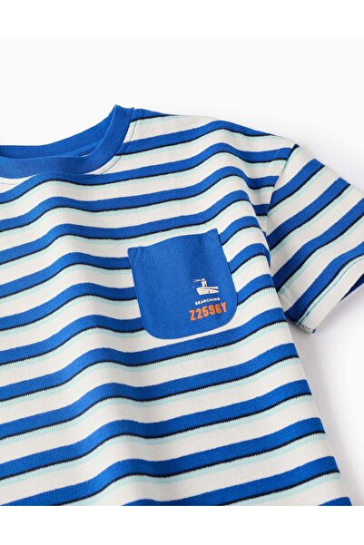 Ziddy Striped Cotton Piqué T-shirt for Boys, White/Blue