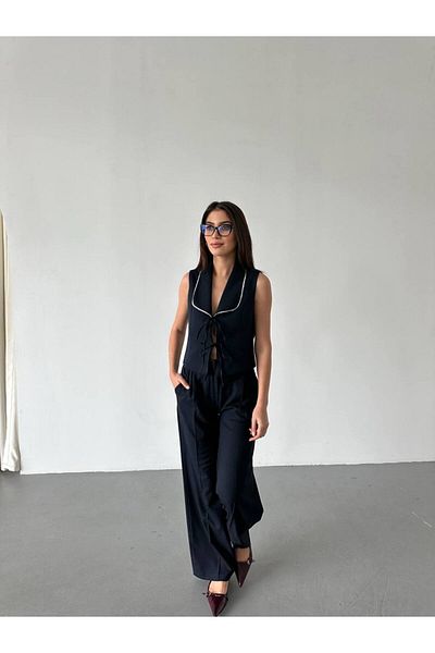 Melike Bakar Boutique Lacing Detailed Processing Collar Vest Pants Set