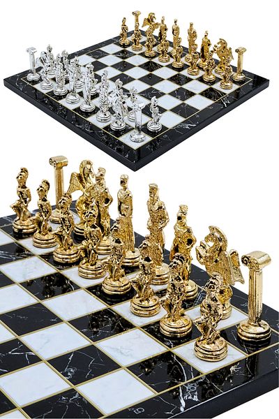Cooper Chess 30cm Marble Patterned Metal Chess Set with Mythological Pegasus Figure, Decorative Gift Chess Set