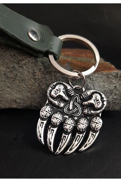 BSN Store Premium Khaki Green Real Leather Key Chain Accessory with Nordic Bear Claw Figure