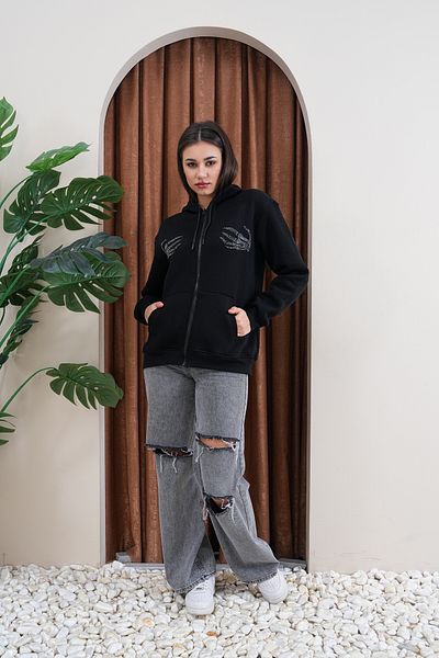 JANSO GROUP - Women's Double Hand Stone Printed Zippered Sweatshirt 3 Thread Compact Fabric