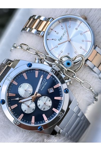 Ferrucci Brand Steel Cord,Silver Rose Color, Lover Couple Wristwatches Rosary Bracelet