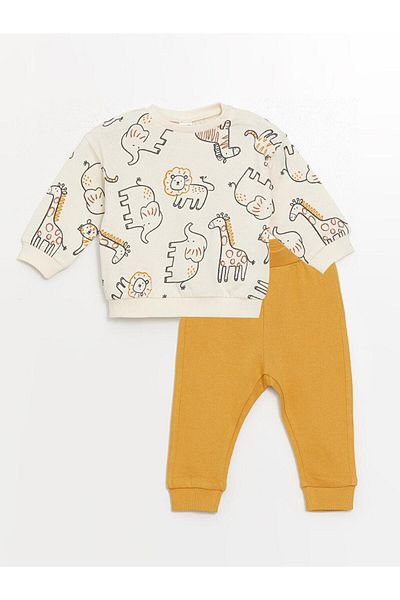 LC Waikiki Crew Neck Printed Baby Boy Sweatshirt and Tracksuit Bottom 2-Piece Set (W4)