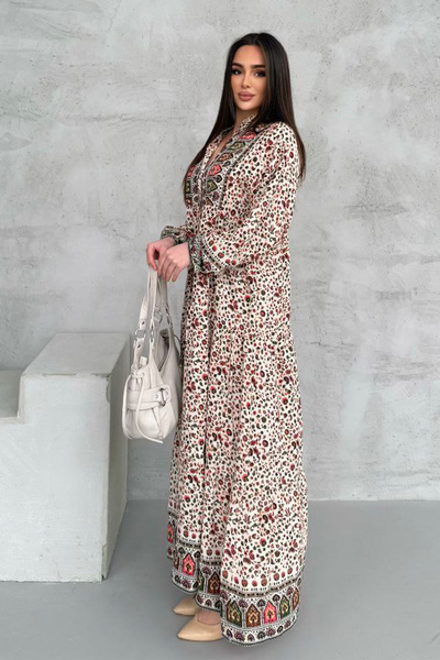 AYASOFYA OTANTIK Γυναικείο φαρδύ μακρύ φόρεμα με καφέ κουμπιά με λεπτομέρεια με μοτίβο μπαλόνι με μανίκια