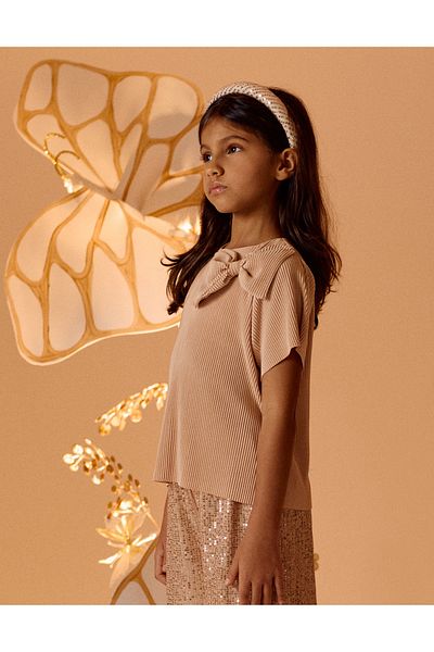 Ziddy Pleated T-shirt with Built-in Bow for Girls, Beige