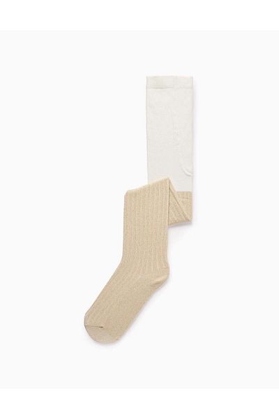 Ziddy Ribbed Tights with Lurex Threads for Girls, White/Gold
