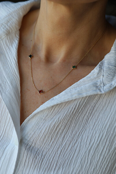 Yenigün Kuyumculuk 14 Ayar Altın Üçlü Şans Yoncası Renkli Kolye