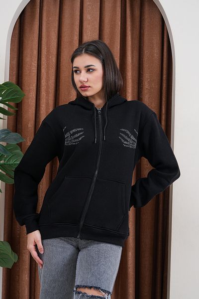 JANSO GROUP - Women's Double Hand Stone Printed Zippered Sweatshirt 3 Thread Compact Fabric
