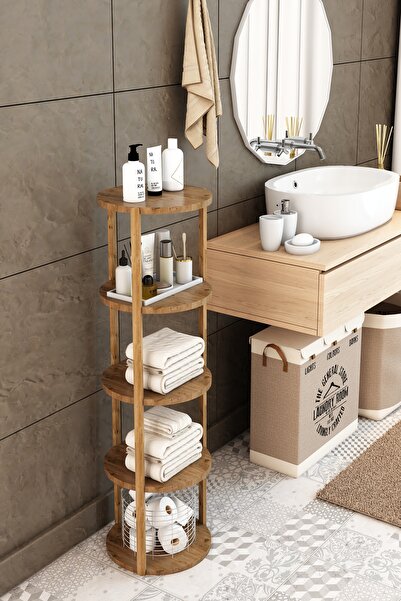 Jest Dekor Konsept Miray Atlantik Çam 5 Katlı Yuvarlak Ahşap Çok Amaçlı Sehpa / Saksılık-Çiçeklik / Dekoratif Raf