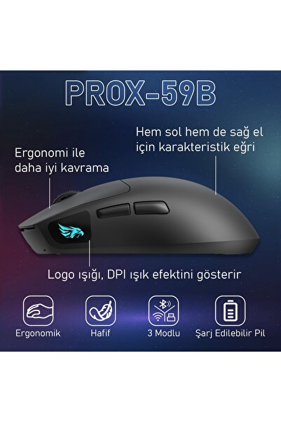 gameagle PROX-59B Serisi Hafif Kablosuz 3 Mode Oyuncu Gaming Optik Mouse (Siyah)