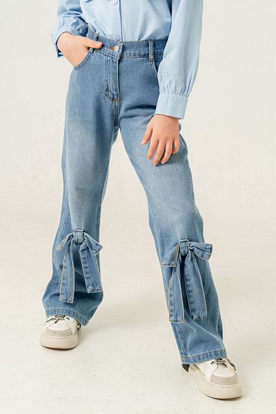 GİYİCEM TEKSTİL Pantaloni din denim pentru fetiță cu fundă la picioare