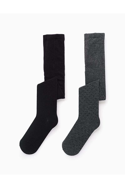 Ziddy Pack of 2 Tights Plain/Rhombus for Girls, Grey/Black