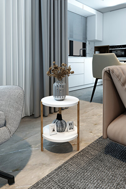 Jest Dekor Konsept Miray Beyaz 2 Katlı Yuvarlak Ahşap Çok Amaçlı Sehpa / Saks...