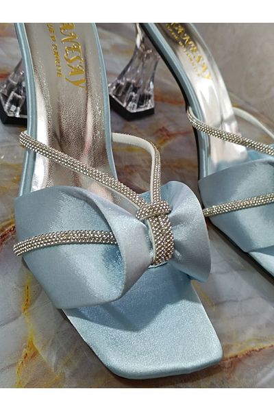 Renasay shose Дамски високи токчета с ледено сини панделки