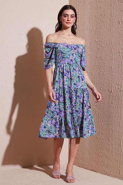 Lela Oversize Fit Carmen Collar Midi Length Dress Dress 6782169