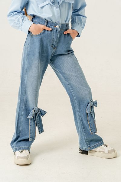 GİYİCEM TEKSTİL Pantaloni din denim pentru fetiță cu fundă la picioare