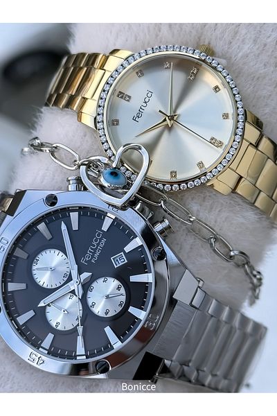 Ferrucci Brand Steel Cord,Silver Yellow Color, Lover Couple Wristwatches Rosary Bracelet