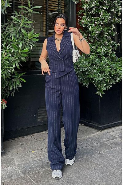 pembekurdelem Set de pantaloni cu vestă cu dungi de design pentru femei (albastru marin)
