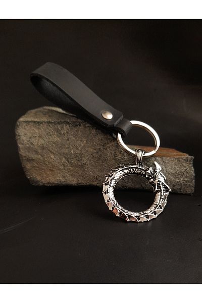 BSN Store Premium Black Real Leather Key Chain with Nordic Self-Eating Snake Dragon Figure