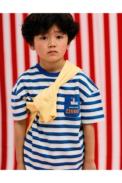 Ziddy Striped Cotton Piqué T-shirt for Boys, White/Blue