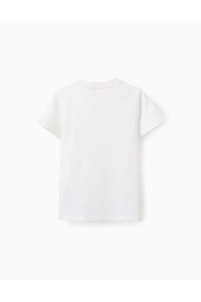 Ziddy Cotton T-shirt with Striped Pocket for Boys, White