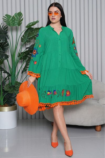 AYASOFYA OTANTIK Rochie midi cu mânecă lungă, cu mânecă lungă, cu guler cu nasturi, broderie, cu pompon brodat