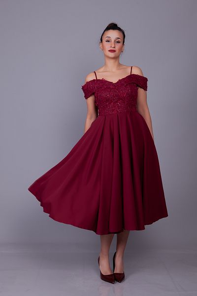 Bidoluelbise Burgundy Straps Off Shoulder Floral Tulle Detail Midi Length Flared Evening Dress