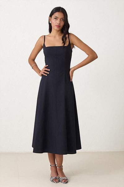 Setre Black 100% Cotton Strap Waist Fitted Midi Length Relaxed Cut Dress