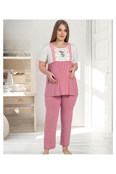 Miss Dünya Lissa Embroidery Detailed Short Sleeve Large Size Maternity and Maternity Pajama Set Suitable for Breastfeeding