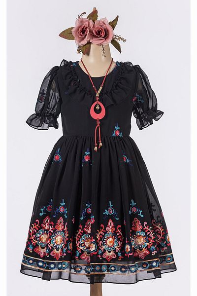 NEGİYYİM Floral Embroidered Necklace Ruffle Collar Girl's Dress 6-12 Years