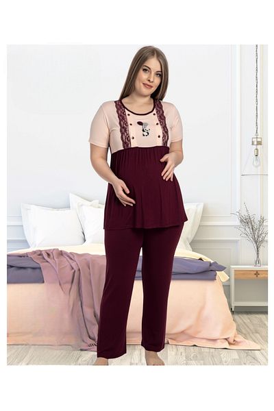 Miss Dünya Lissa Embroidery Detailed Short Sleeve Large Size Maternity and Maternity Pajama Set Suitable for Breastfeeding