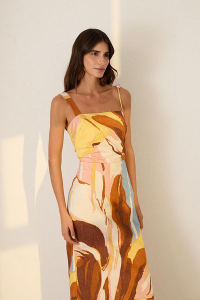Setre Beige Thick Strap Detailed Waist Fitted Patterned Dress