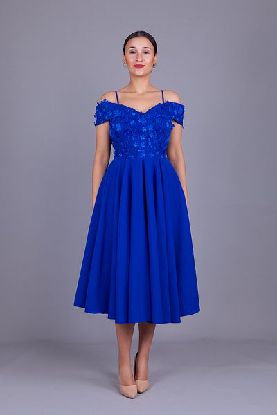 Bidoluelbise Sax Strap Off Shoulder Floral Tulle Detail Midi Length Flared Evening Dress