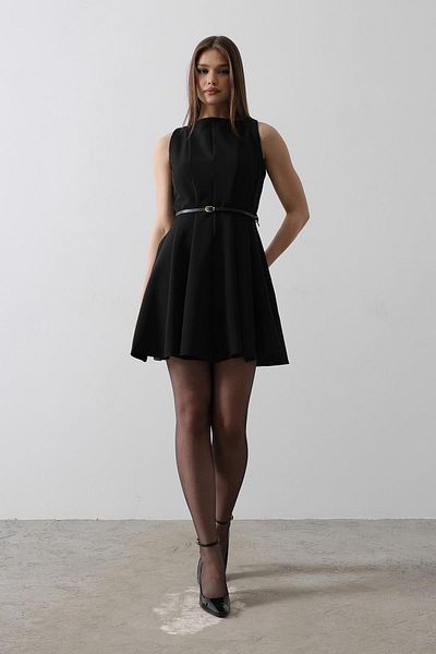 Le Savu Shilsee Women Belt Detail Zero Sleeve Black Color Dress with Handles