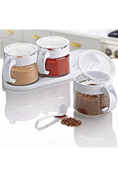 By Ogalo Byogalo ®    White 3-Piece Stand Covered Glass Air Leakproof Spice Rack Set with Spoon Kc-386