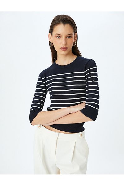 Koton Round Neck 3/4 Long Sleeve Striped Knitwear Sweater