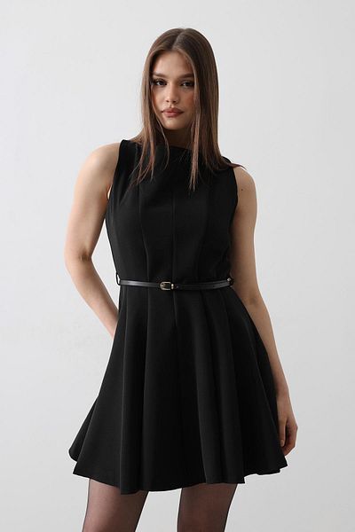 Le Savu Shilsee Women Belt Detail Zero Sleeve Black Color Dress with Handles