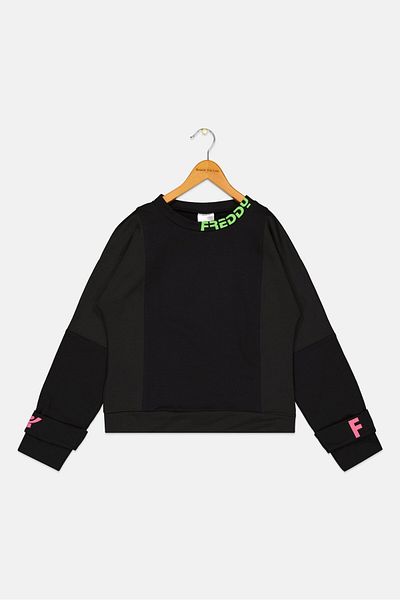 FREDDY Kids Girl Round Neck Long Sleeve Brand Logo Sweatshirt, Black