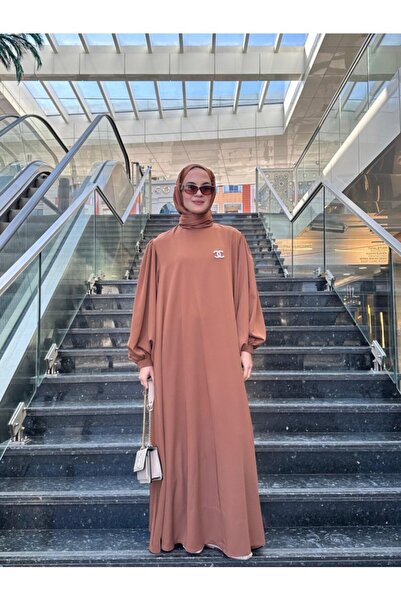 NS Moda Tesettür Retro Balonkol Elbise Çikolata Kahve Model-537